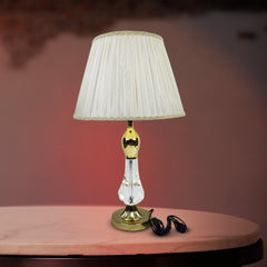 Qulik traditional table lamp with clear crystal body, polished gold accents and pleated white fabric shade, model QL-LT8600-2.