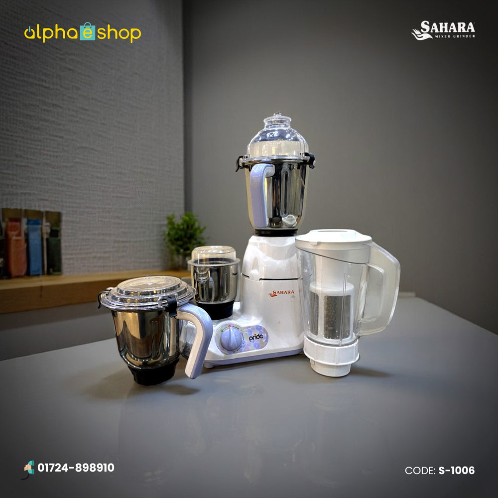Sahara Pride 750W Mixer Grinder & Blender (S-1006) in white, featuring main unit, 3 stainless steel jars, and 1 juicer jar. Available at Alphaeshop.