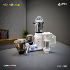 Sahara Pride 750W Mixer Grinder & Blender (S-1006) in white, featuring main unit, 3 stainless steel jars, and 1 juicer jar. Available at Alphaeshop.