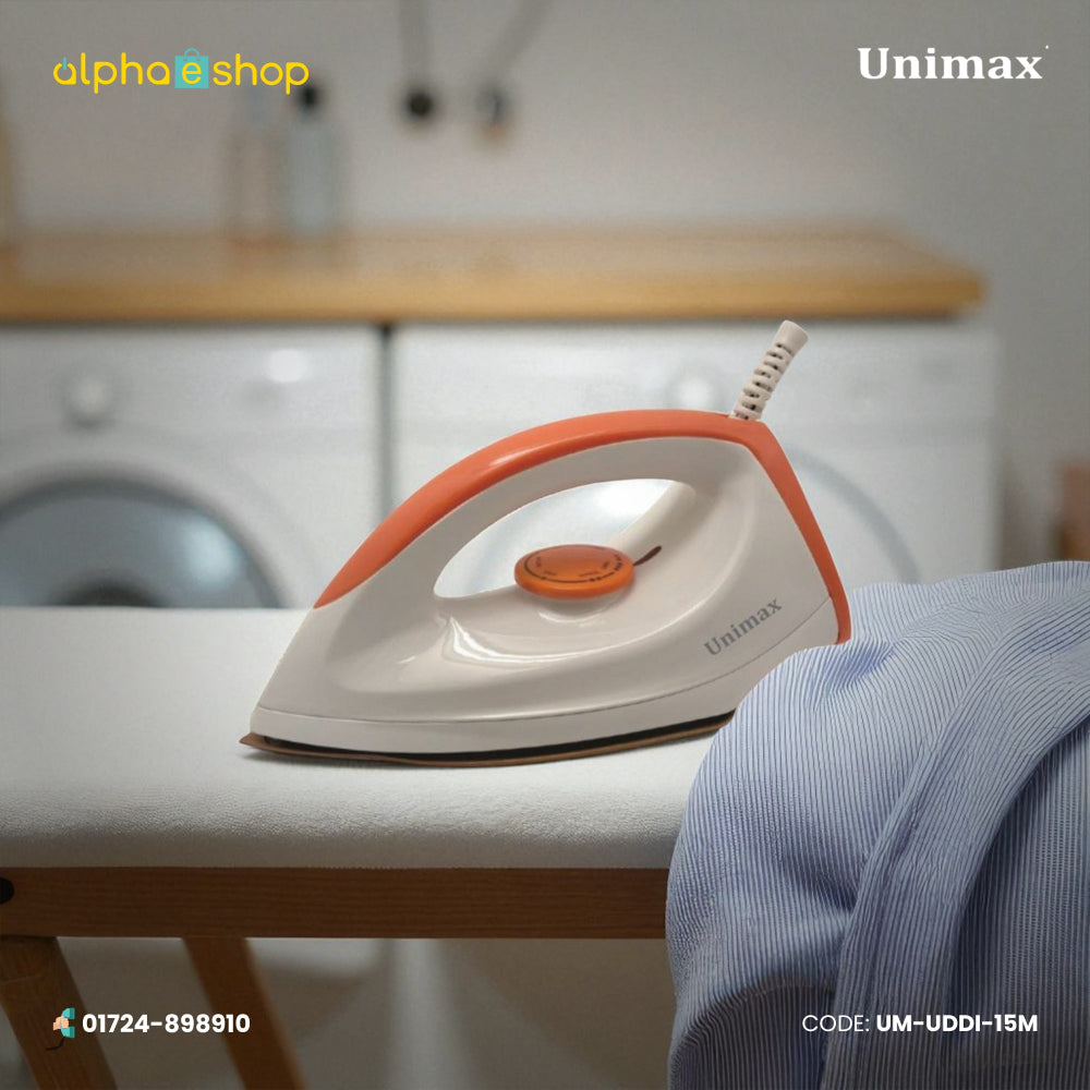 Unimax Delux UDDI-15M dry iron in white and orange with temperature control dial and smooth soleplate.