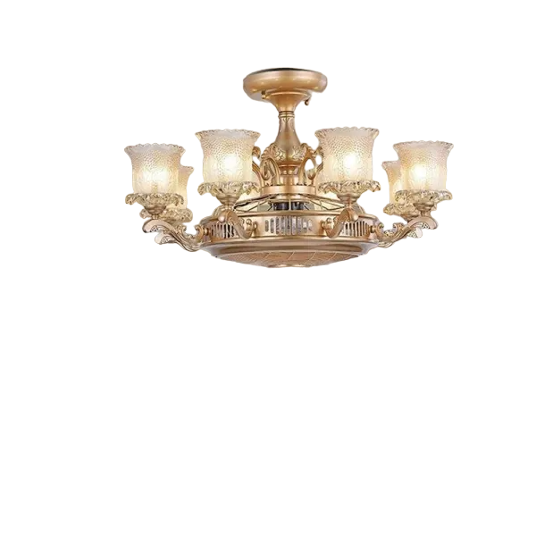 Qulik Q-9074-8 48 Inch Modern Chandelier Ceiling Fan - 4-Blade, LED Light, 3 Color Change, Remote Control (Golden)