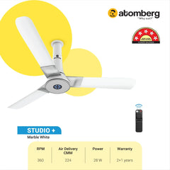 Atomberg Studio+ 48" 35W BLDC motor Energy Saving Anti-Dust Speed Indicator Light Ceiling Fan with Remote Control  ( Marble White )  AT-106