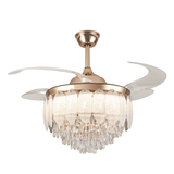 Qulik 48" Crystal Chandelier Ceiling Fan - Q-8255-W. Elegant Golden finish with retractable blades, LED lighting, and remote control. Ideal for bedrooms, living rooms, and dining areas.