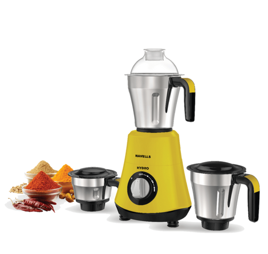Havells Hydro 750 watt Mixer Grinder with 3 Wider mouth Stainless Steel Jar, Hands Free operation, SS-304 Grade Blade & 5 year motor warranty (Yellow) H-1077-MG