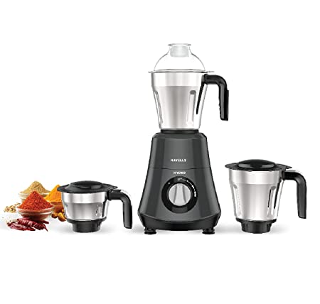 Havells Hydro 750 watt Mixer Grinder with 3 Wider mouth Stainless Steel Jar, Hands Free operation, SS-304 Grade Blade & 5 year motor warranty (black) H-1076-MG