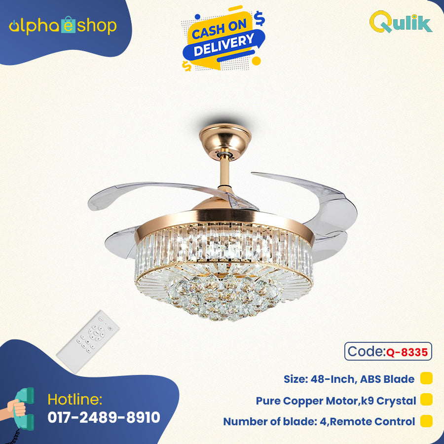 Qulik C15 48" Crystal Chandelier Retractable Invisible Blade MP3 Silent 3 Color Change LED Remote Ceiling Fan (Golden) Q-8335 - Modern Luxury Ceiling Fan with Crystal Chandelier Style in Golden Finish