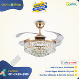 Qulik C15 48" Crystal Chandelier Retractable Invisible Blade MP3 Silent 3 Color Change LED Remote Ceiling Fan (Golden) Q-8335 - Modern Luxury Ceiling Fan with Crystal Chandelier Style in Golden Finish