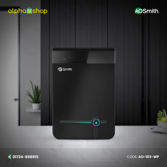 A. O. Smith Intelli U2+ water purifier in black featuring a sleek front panel and illuminated water droplet status indicator display.
