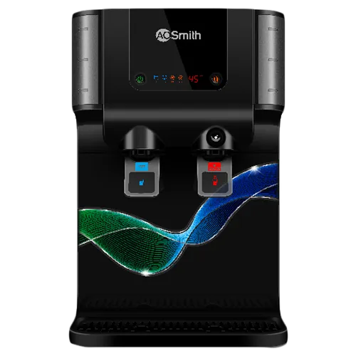 AO Smith B6 black water purifier with RO, SCMT and UV purification, digital display and dual water dispensing controls.