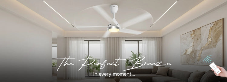 Alpha Edge 5B 5-blade white ceiling fan with integrated underlight and remote control, from file Alpha Edge 5B Web Banner Alpha 16-06-26.webp.