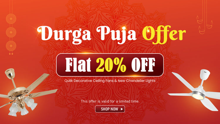 Alphaeshop promotional Durga Puja offer mobile banner featuring Qulik decorative ceiling fans and chandelier lights with a flat 20% discount.