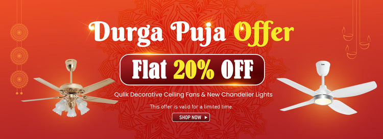 Alphaeshop promotional Durga Puja offer banner featuring Qulik decorative ceiling fans and chandelier lights with a flat 20% discount.