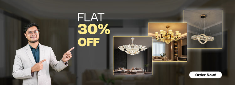 Alphaeshop promo banner showing modern crystal and gold chandeliers on sale. Save 30% on luxury pendant lights. Shop now!