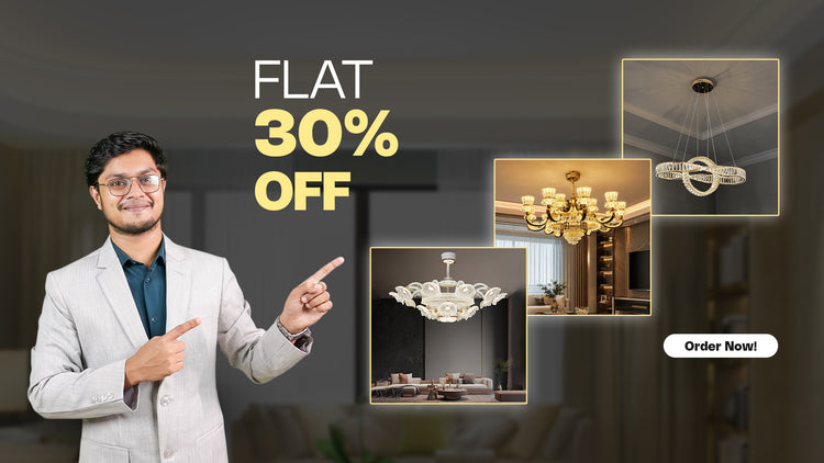 Alphaeshop mobile promo banner featuring modern crystal chandeliers and pendant lights with a 30% discount. Shop luxury home lighting now.