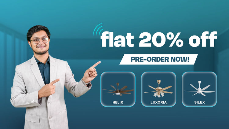 Alphaeshop mobile banner featuring flat 20% off pre-orders for Helix, Luxoria, and Silex ceiling fans.