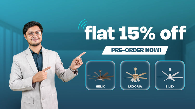Pre-order banner offering flat 15% off on Helix, Luxoria, and Silex ceiling fans, from file Pre Order Mobile Banner Alphaeshop 17-06-26