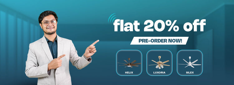 Alphaeshop promotional banner offering flat 20% off pre-orders on Helix, Luxoria, and Silex ceiling fans.
