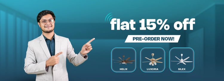 Pre-order web banner offering flat 15% off on Helix, Luxoria, and Silex ceiling fans, from file Pre Order Web Banner Alphaeshop 17-06-26