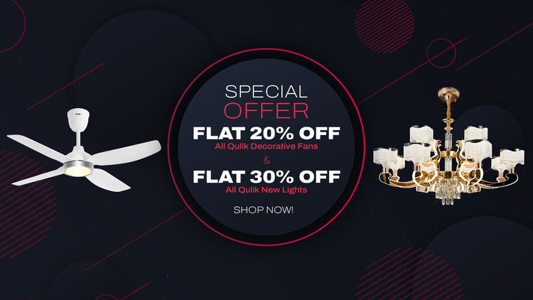 Alphaeshop special offer mobile banner featuring flat 20% off Qulik decorative ceiling fans and flat 30% off new lights.
