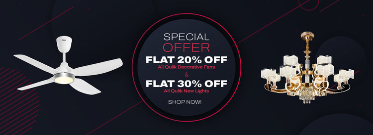 Alphaeshop special offer web banner featuring flat 20% off Qulik decorative ceiling fans and flat 30% off new lights.
