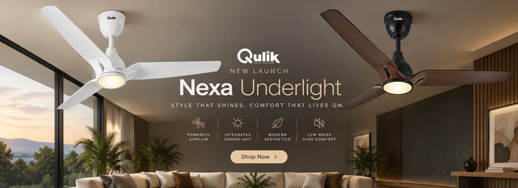 Qulik Nexa Underlight ceiling fan ad showcasing white and dark wood finish models   