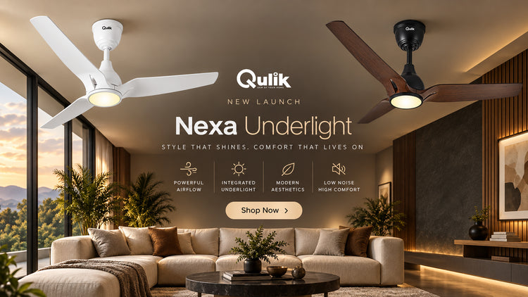 Qulik Nexa Underlight ceiling fan mobile ad showcasing white and dark wood finish models