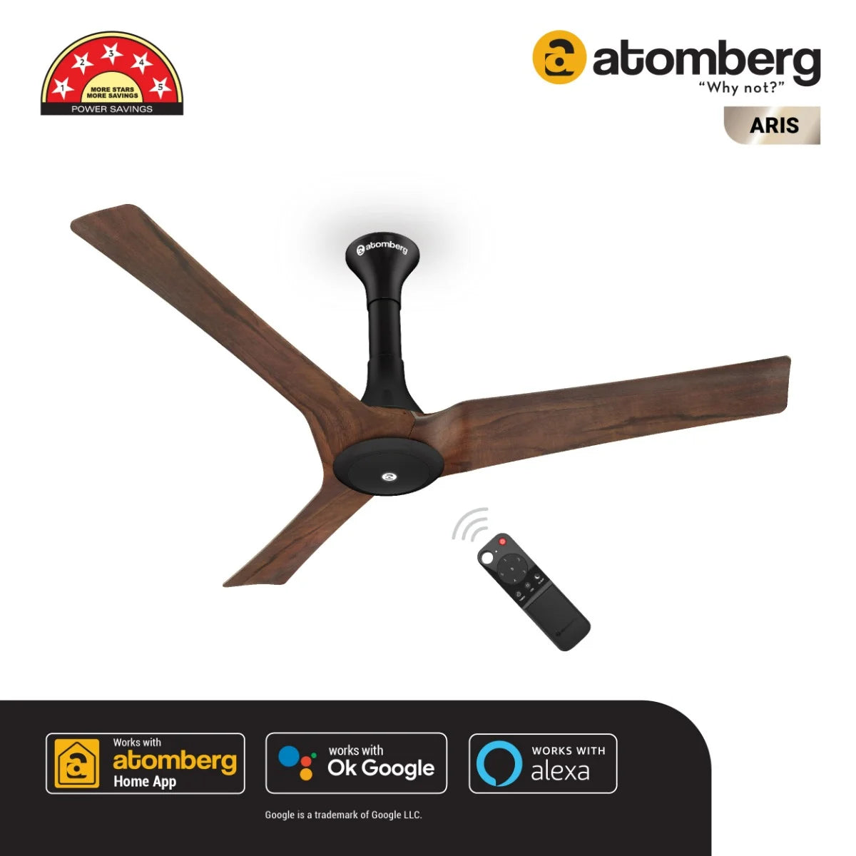 Atomberg Aris 48" Silent Energy Efficient BLDC Motor With Smart IoT and IR Remote Ceiling Fan (Dark Teakwood) AT-128