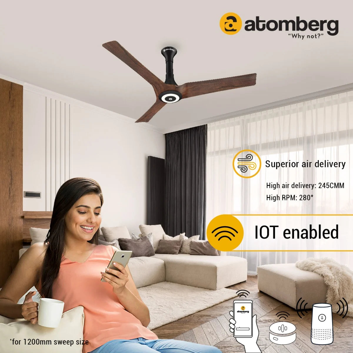 Atomberg Aris Starlight 48" Silent Energy Efficient BLDC Motor With Smart IoT and IR Remote Ceiling Fan (Dark Teakwood) AT-126