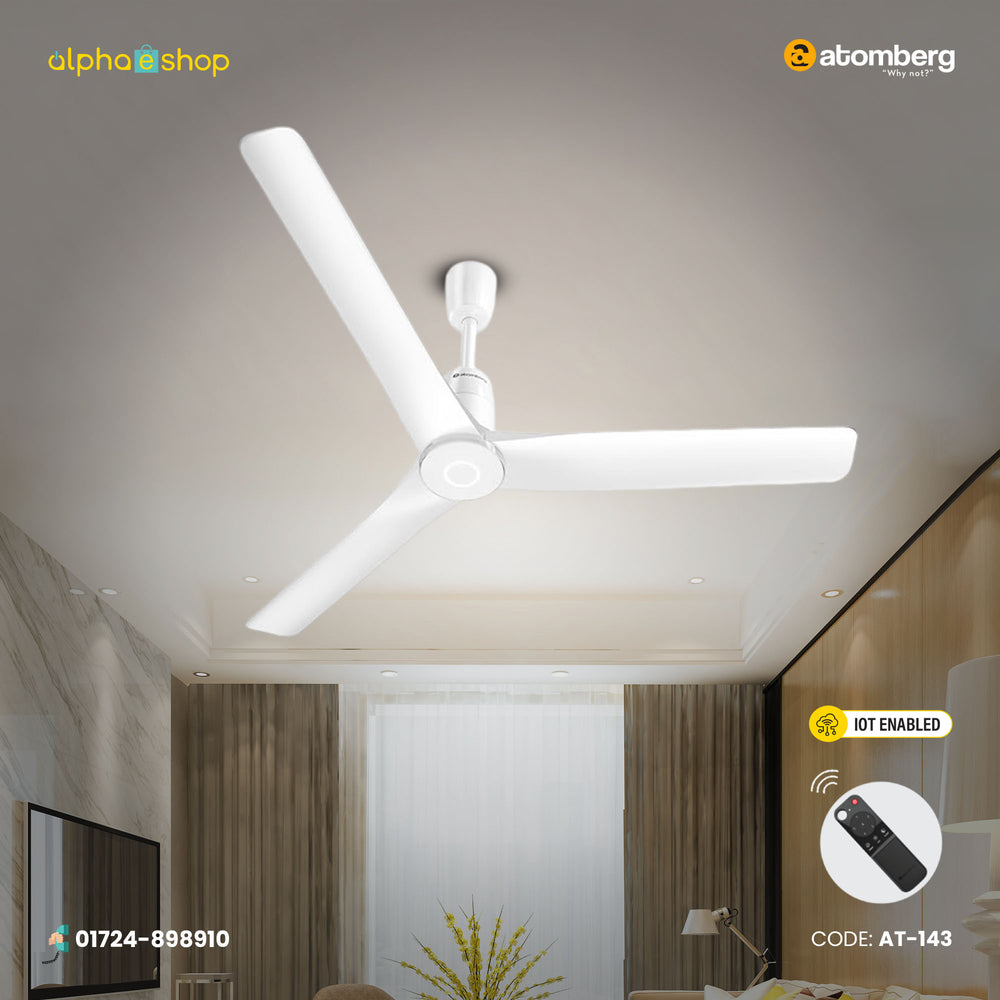 Atomberg Aris Contour smart 48" BLDC ceiling fan in marble white with IoT and remote control.