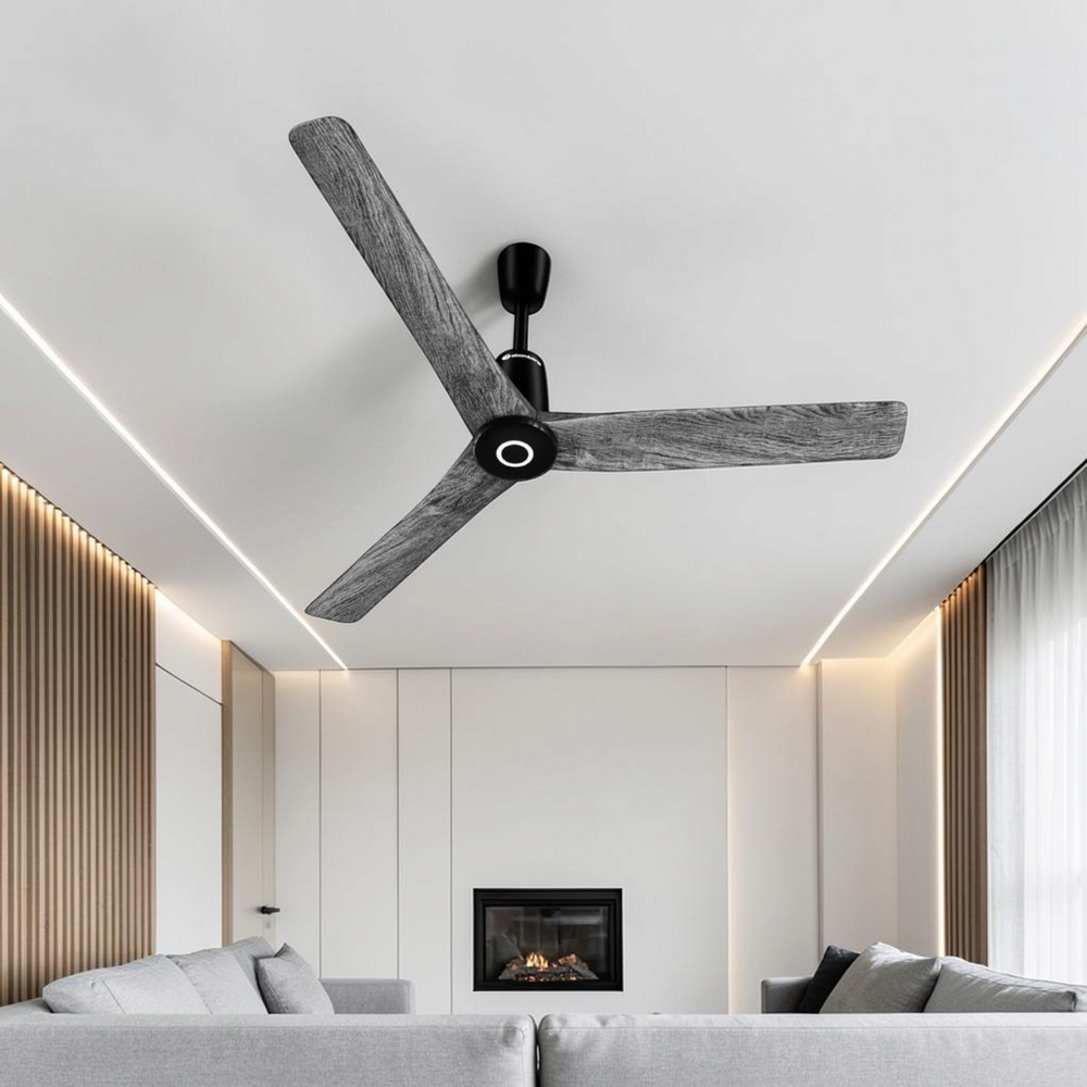 Atomberg Aris Contour Smart 48-inch BLDC ceiling fan in Smoke Wood with 3 blades, IoT enabled control and remote, model AT-169.