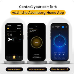 Atomberg Aris Contour Smart 48" Fan control via Atomberg Home App, featuring home screen, voice command, and remote control interfaces.