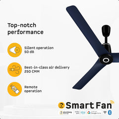 Atomberg Aris Contour 48" Smart BLDC Fan highlighting silent 50dB operation, 250 CMM air delivery, remote, and smart home connectivity.