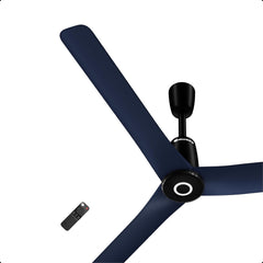 Atomberg Aris Contour 48-inch Smart BLDC Ceiling Fan in Ritz Blue with illuminated center ring, black motor housing, and remote control.