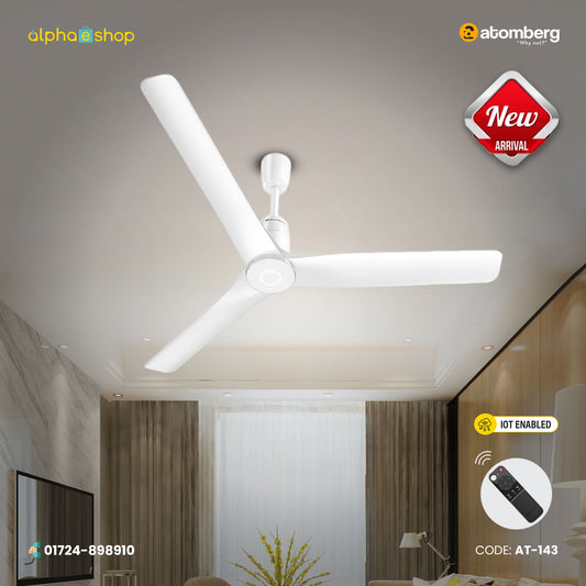 Atomberg Aris Contour Smart 48 inch IoT enabled BLDC ceiling fan in Marble White, featuring remote control and model code AT-143.