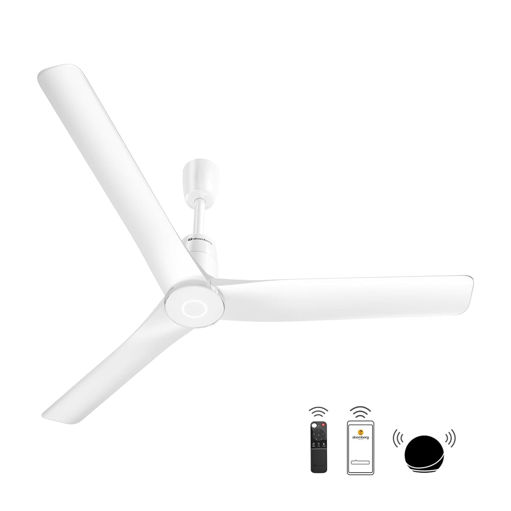 Atomberg Aris Contour 48-inch smart BLDC fan in marble white with smart app, voice command, and remote control integration.