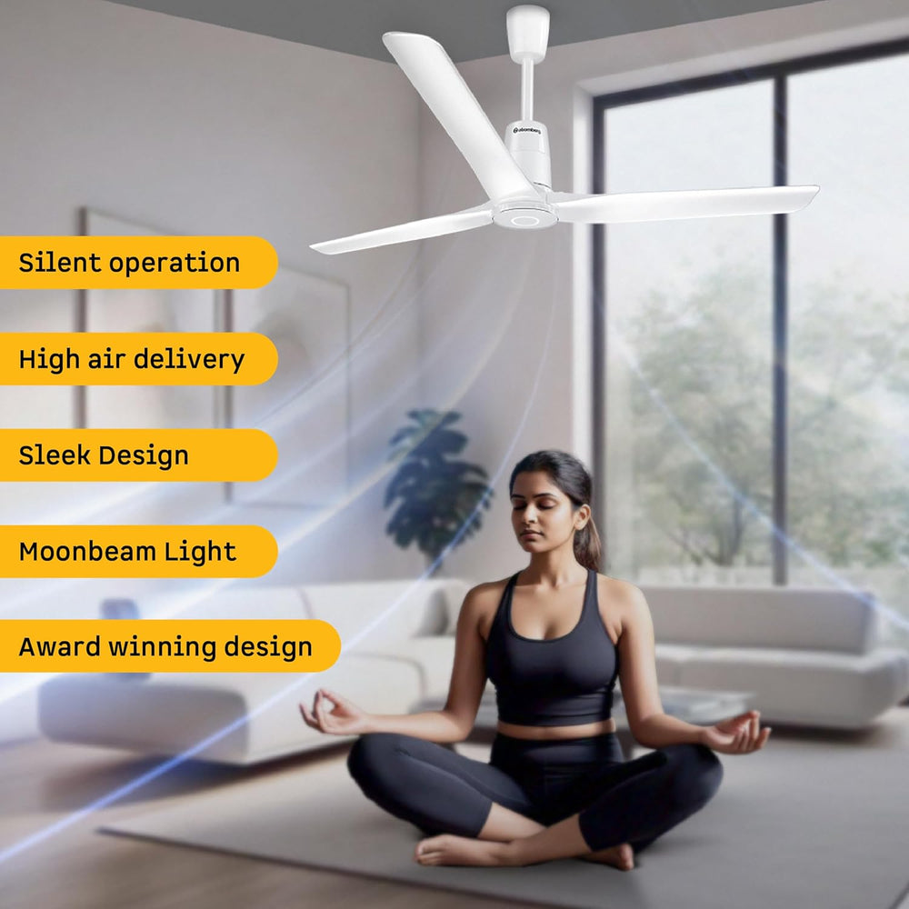 Atomberg Aris Contour Smart 48 inch IoT enabled BLDC ceiling fan in Marble White, featuring remote control and model code AT-143.