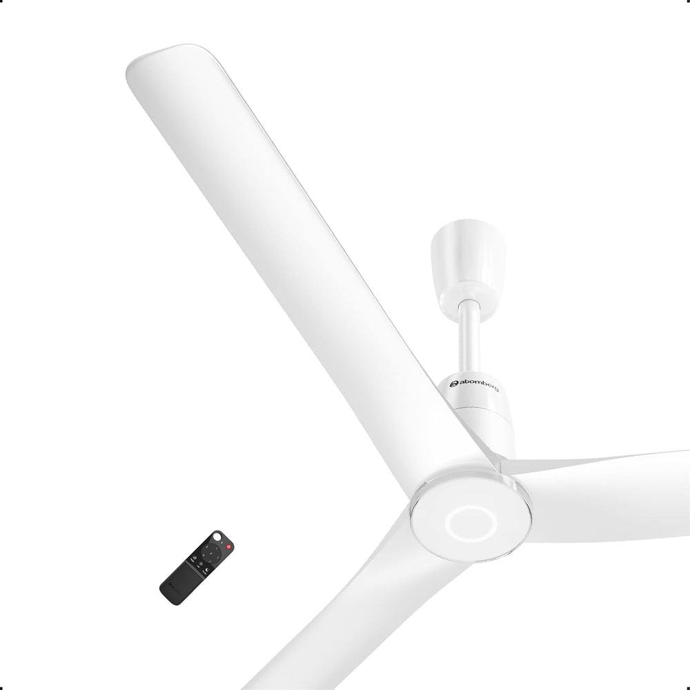 Atomberg Aris Contour 48-inch smart BLDC ceiling fan in marble white with a dedicated remote control.