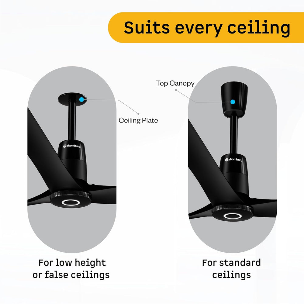 Atomberg Aris Contour ceiling fan mounting guide for low height false ceilings with plate and standard ceilings with top canopy.