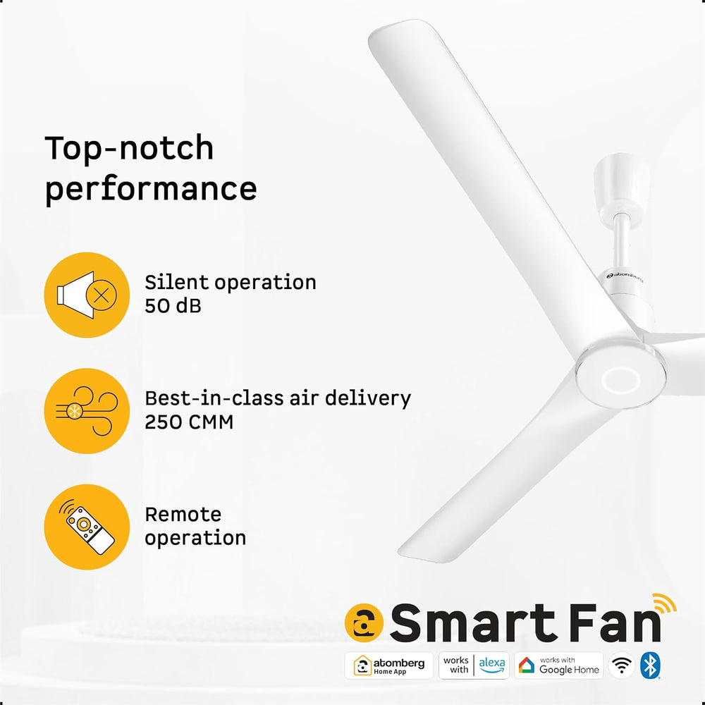 Atomberg smart fan specifications showing 50 dB silent operation, 250 CMM air delivery, and compatibility with Alexa and Google Home.