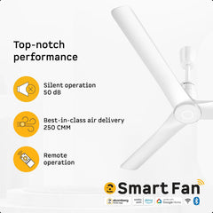 Atomberg smart fan specifications showing 50 dB silent operation, 250 CMM air delivery, and compatibility with Alexa and Google Home.
