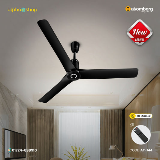 Atomberg Aris Contour Smart 48 inch IoT enabled BLDC ceiling fan in Midnight Black, featuring remote control and model code AT-144.