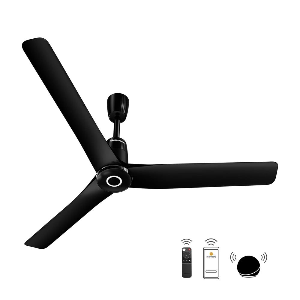 Atomberg Aris Contour Smart 48 inch BLDC ceiling fan in Midnight Black with smart connectivity remote, app, and voice control icons.