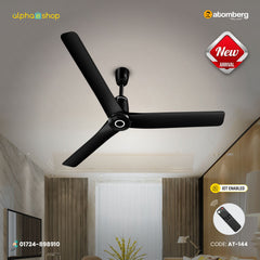 Atomberg Aris Contour Smart 48 inch IoT enabled BLDC ceiling fan in Midnight Black, featuring remote control and model code AT-144.