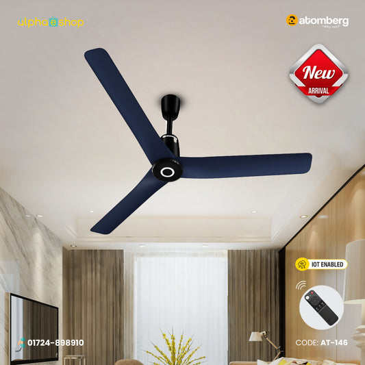 Atomberg Aris Contour Smart 48 inch IoT enabled BLDC ceiling fan in Ritz Blue, featuring remote control and model code AT-146.