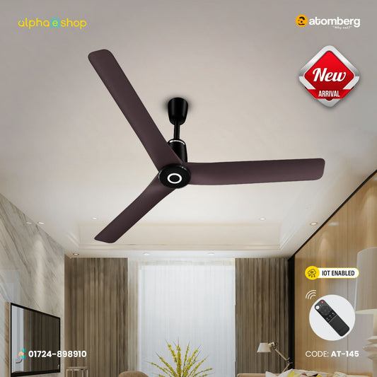 Atomberg Aris Contour Smart 48 inch IoT enabled BLDC ceiling fan in Umber Brown, featuring remote control and model code AT-145.