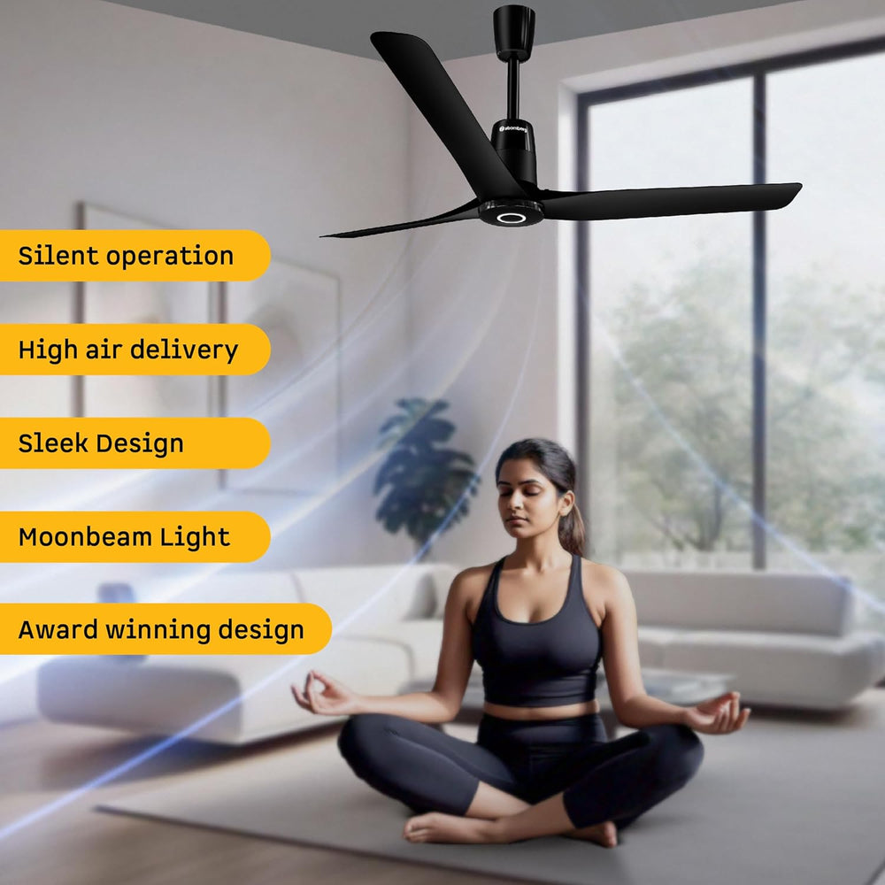 Atomberg Aris Contour ceiling fan highlighting silent operation, high air delivery, sleek award-winning design, and integrated moonbeam light.