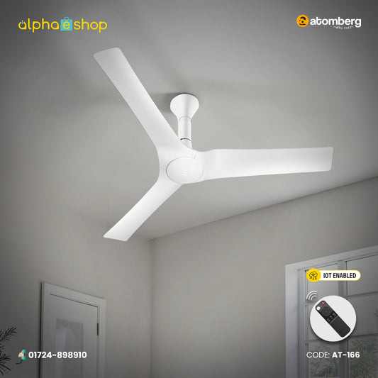 Atomberg Aris Gladius smart 1200mm ceiling fan in marble white, featuring IoT enablement and a smart remote control, available at Alphaeshop.