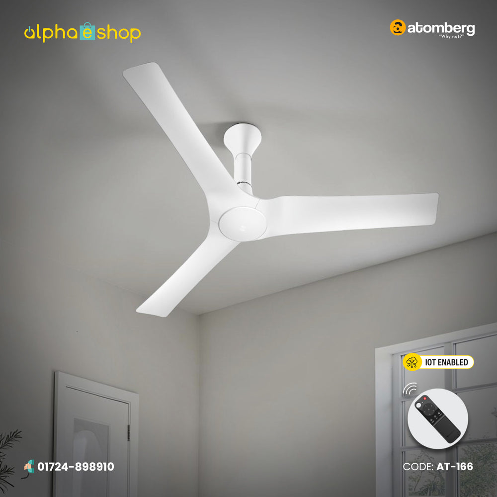 Atomberg Aris Gladius smart 1200mm ceiling fan in marble white, featuring IoT enablement and a smart remote control, available at Alphaeshop.