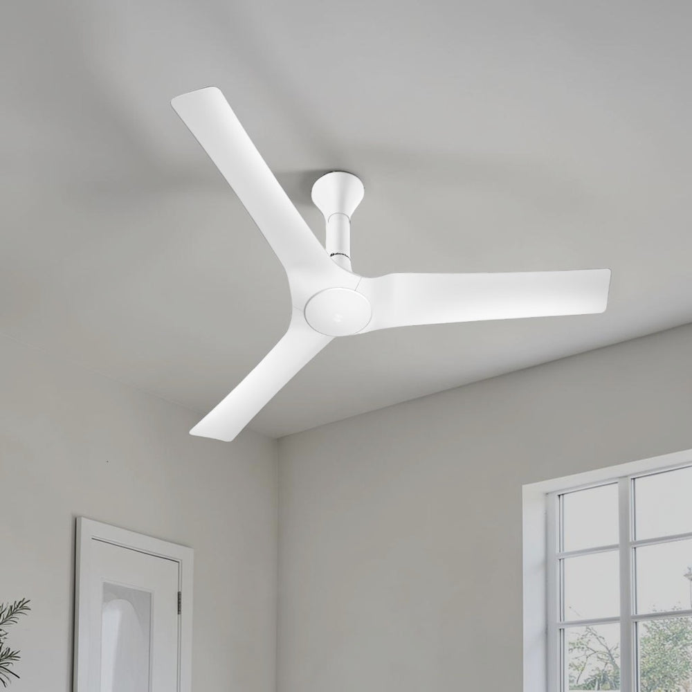 Atomberg Aris Gladius 1200mm smart BLDC ceiling fan in marble white finish, featuring an aerodynamic 3-blade design and IoT connectivity.