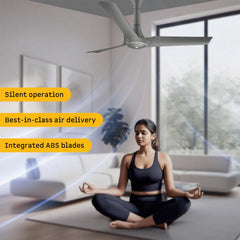 Atomberg Aris Gladius smart 1200mm ceiling fan in sand grey, highlighting silent operation, best-in-class air delivery, and integrated ABS blades.